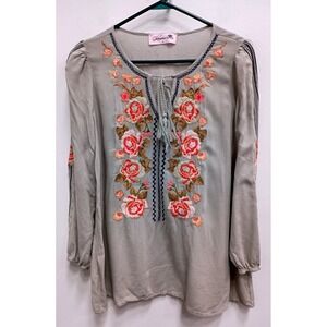 Glamour Farms Embroidered Boho Top Womens Small Gray Floral Tassel Peasant